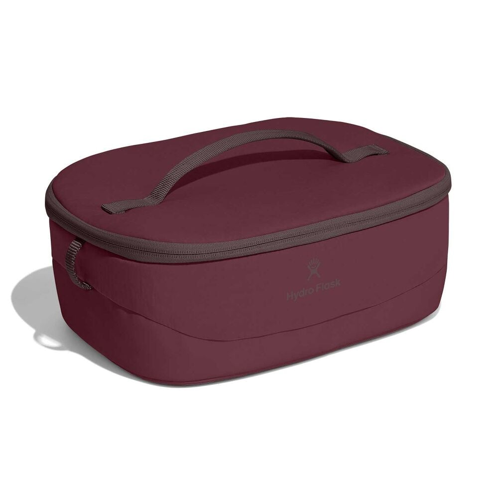 Maroon Hydro Flask oval insulated lunch bag with dark gray zip-around top, matching carry handle, small side loops, and subtle logo on the side.